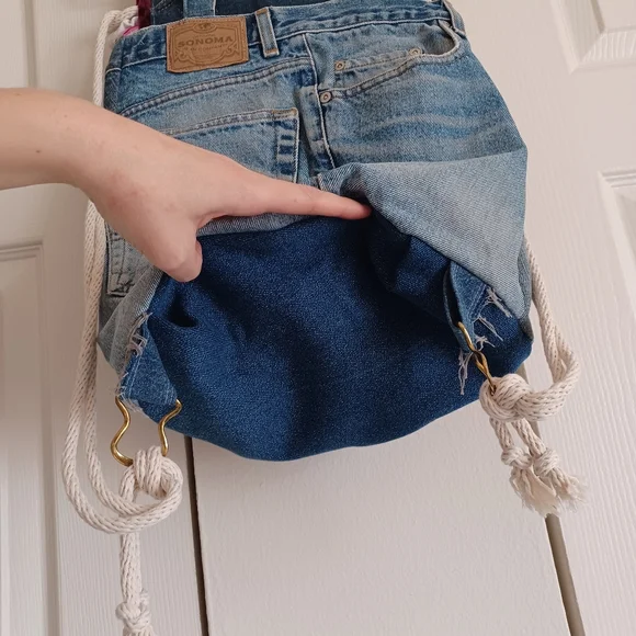 Handmade Original Design Upcycled Jeans Denim Drawstring Backpack Floral Lining - Picture 10 of 14